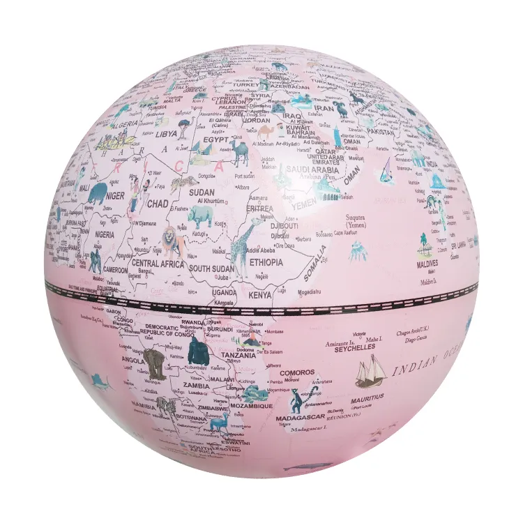 20cm (8") Pink Cartoon World Globe with White Painted Metal Base & Numbered Meridian detail view 3